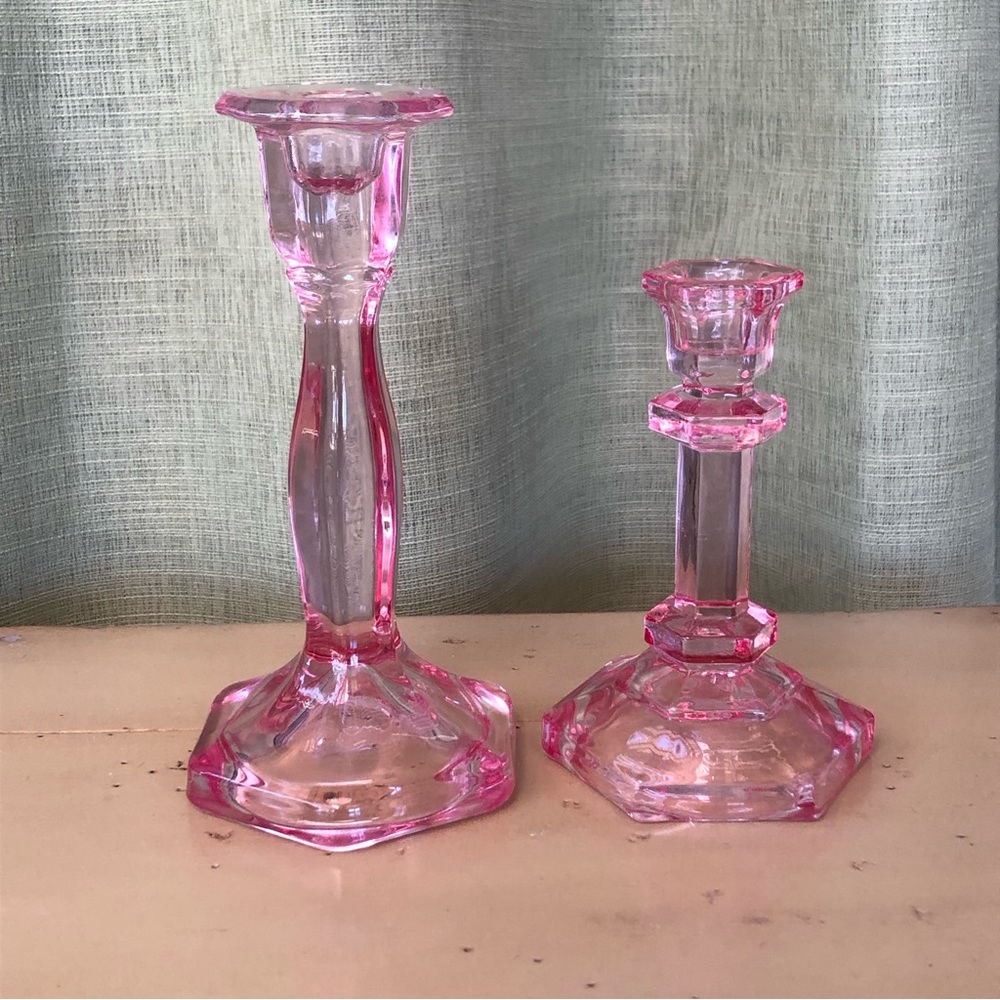 Set Of Two Romantic Pink Glass Candlesticks Candle Holders Cottagecore